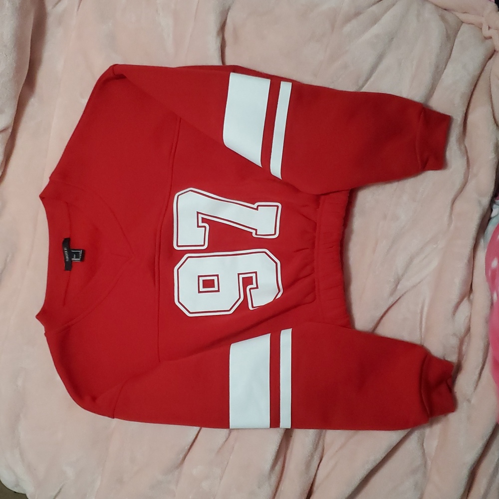 Forever 21 Red Cropped Hoodie with 97 Graphic V Neck